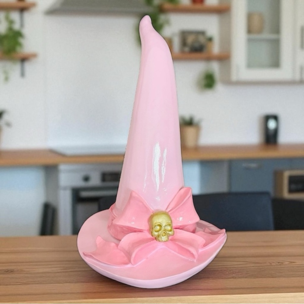 PINK CERAMIC HALLOWEEN WITCHES HAT WITH COQUETTE BOW AND GOLD SKULL DECOR